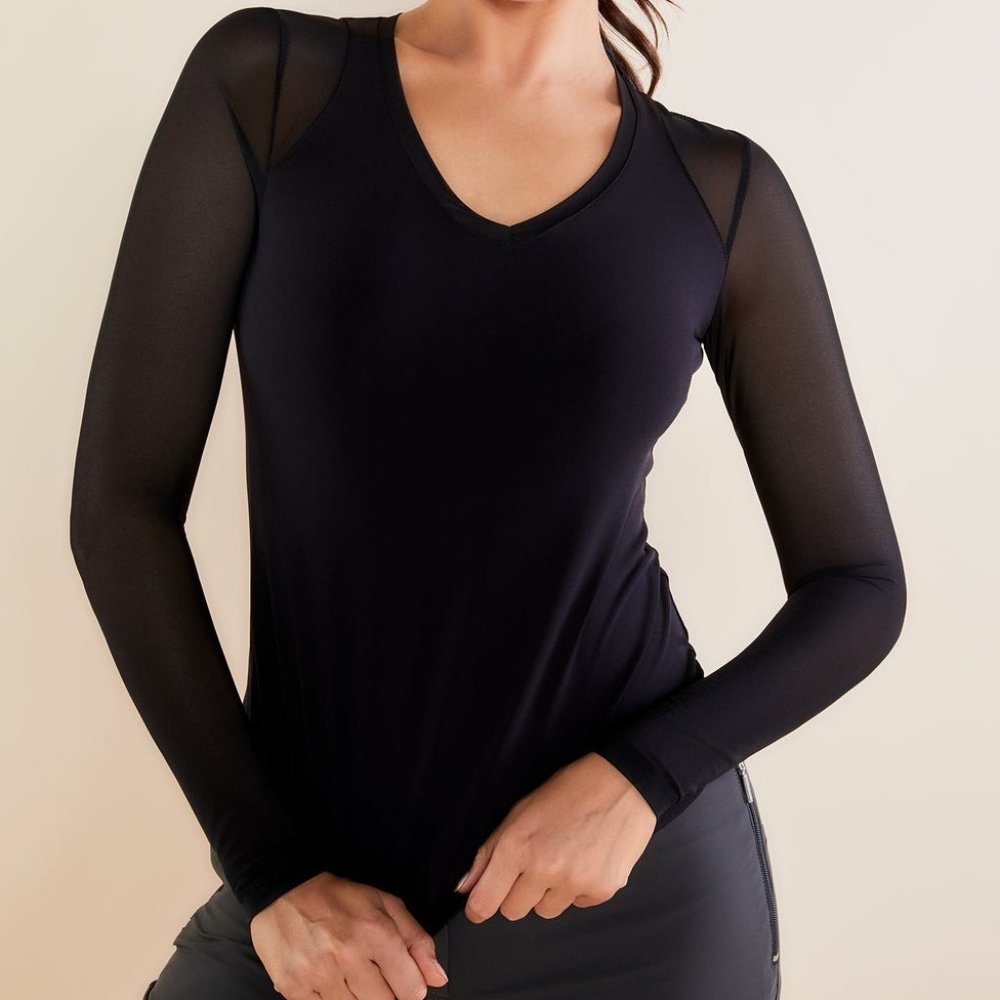 NWT Anatomie Isla Black V-Neck Long-Sleeve top with Mesh sz L